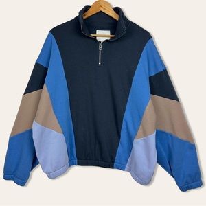 American Eagle Fleece Lined Quarter Zip Cropped Colorblock Pullover Sweatshirt